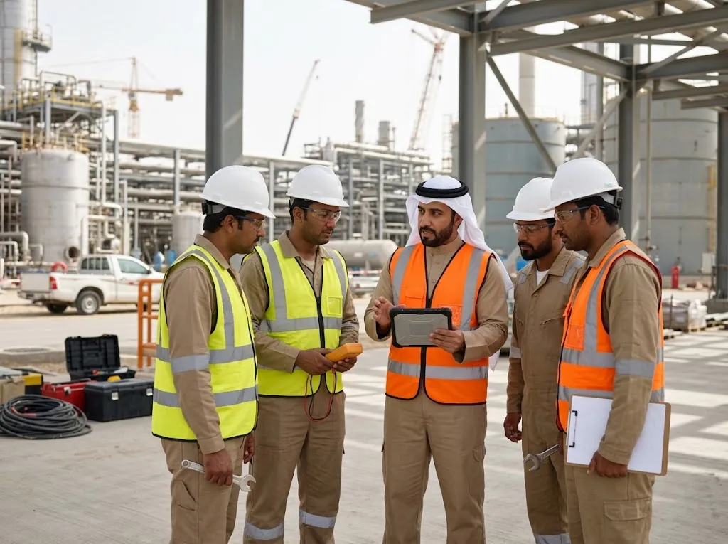 مشرف وفنيون يتشاورون في موقع مشروع