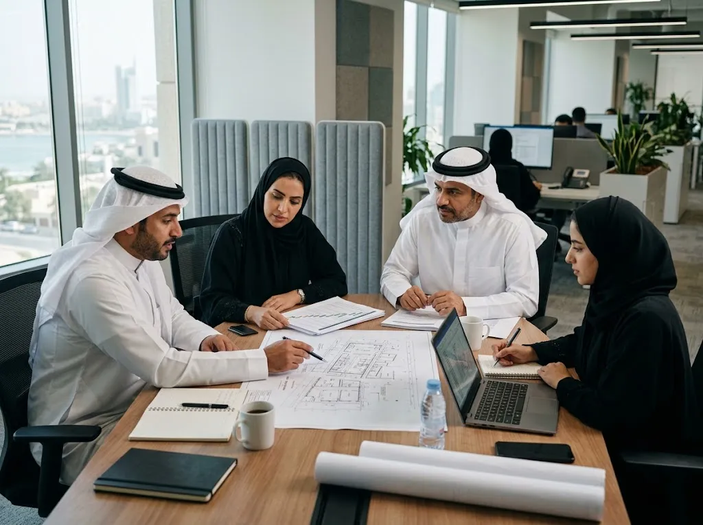 فريق يراجع مخططات ومتطلبات مشروع هندسي