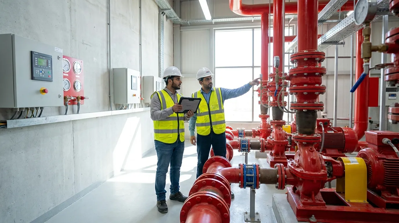 مهندسون يفحصون غرفة مضخات ضمن أنظمة مكافحة الحريق
