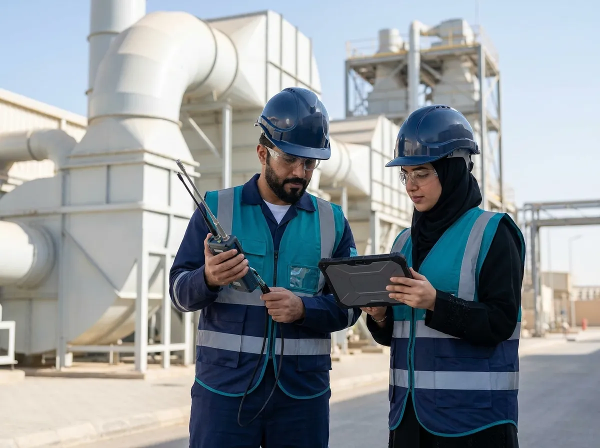 مهندسون ينفذون قياسات جودة الهواء ضمن خدمات استشارات بيئية