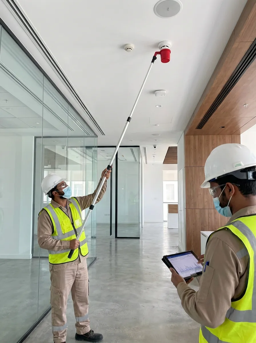 مهندسون يختبرون كاشف دخان ضمن نظام إنذار الحريق