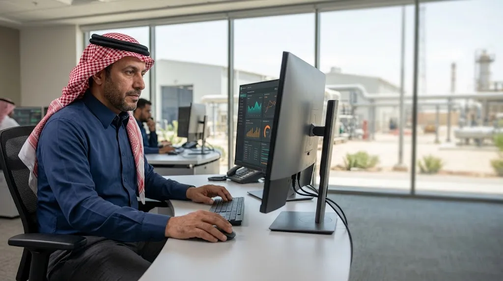 مسؤول تشغيل يراجع بيانات المرفق من محطة عمل رقمية