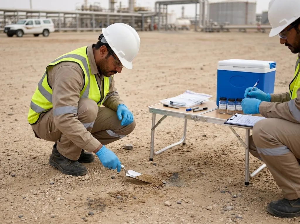 Technician collecting a soil sample with laboratory containers and field documentation at an industrial site