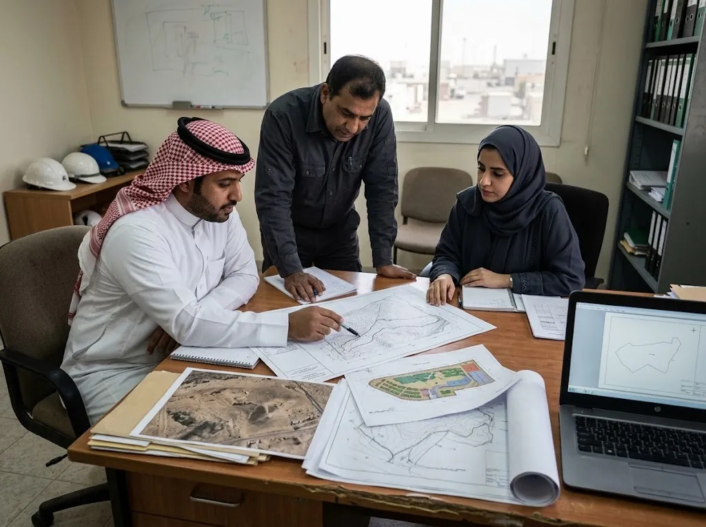 فريق يراجع الخرائط ومخططات الأرض لإعداد خطة إعادة التأهيل البيئي
