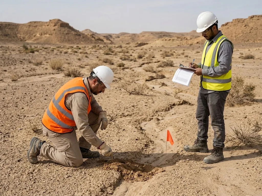 فحص خصائص التربة وتسجيل الملاحظات الميدانية في أرض متدهورة قبل إعداد خطة التأهيل