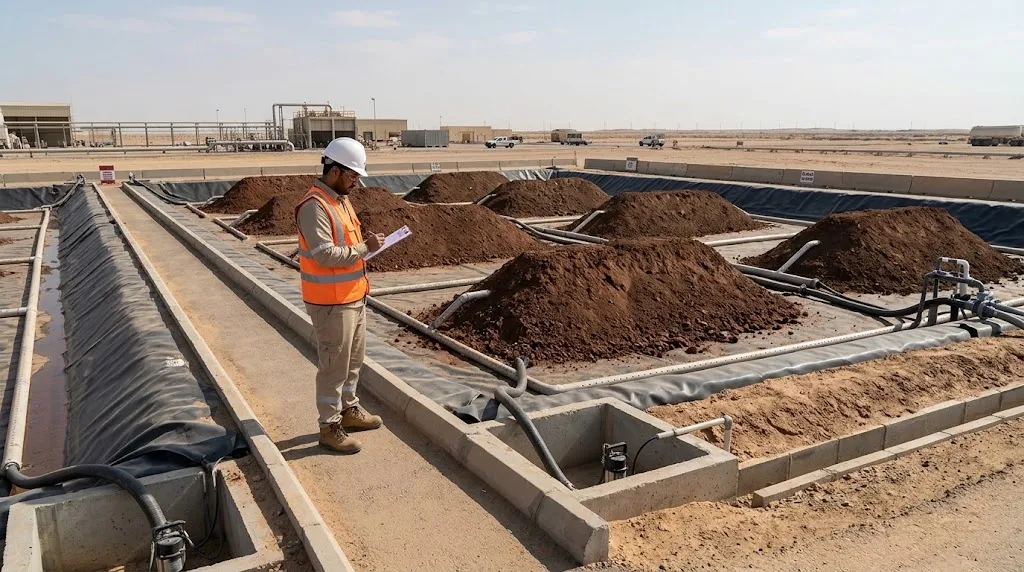 Engineered soil bioremediation area with treatment piles, aeration pipework and containment