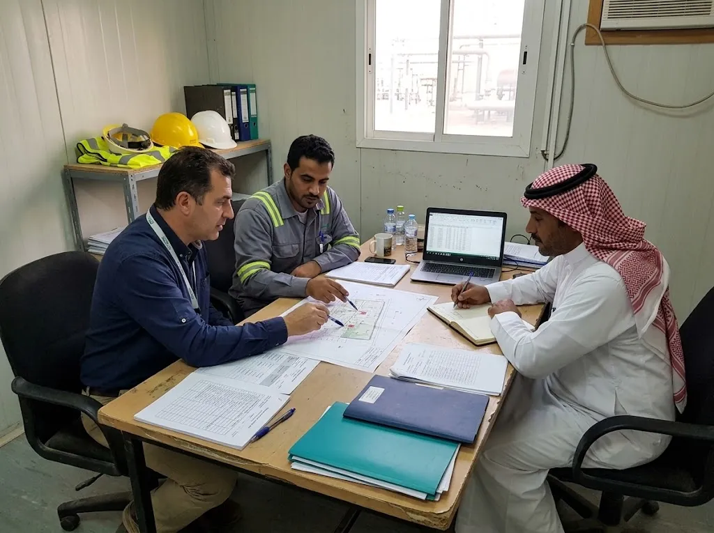 فريق عمل يناقش مخطط موقع ومستندات لتوزيع المسؤوليات ومراجعة الإجراءات